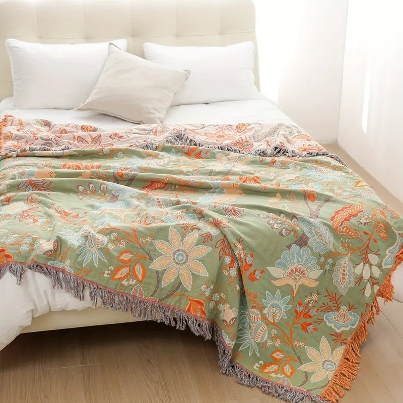 Colverro™ Boho Floral Cotton Throw Blanket with Fringe, Cream and Orange