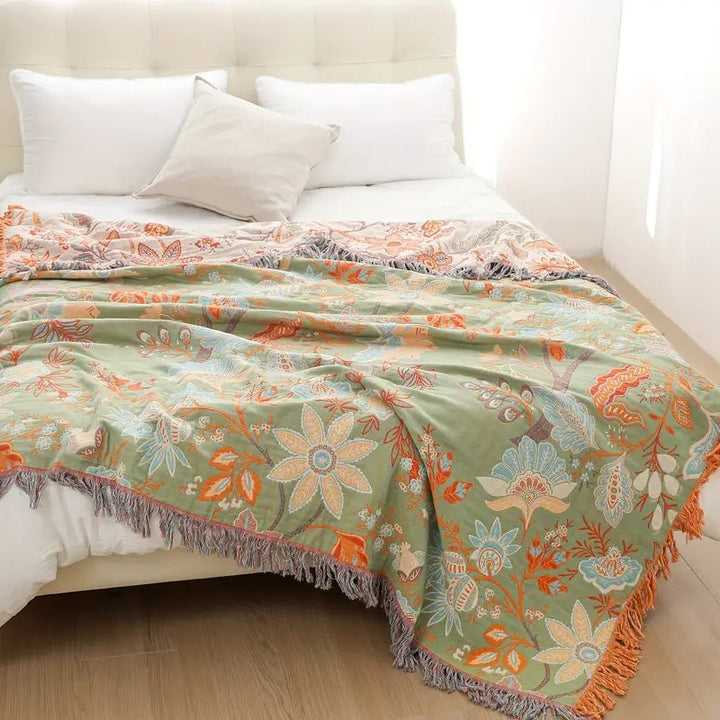 Colverro™ Boho Floral Cotton Throw Blanket with Fringe, Cream and Orange