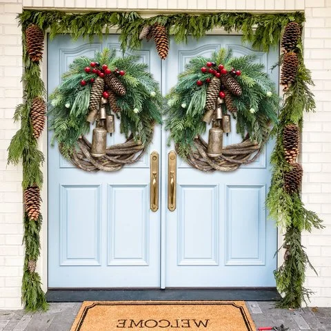 Colverro™ Handmade Farmhouse Christmas Wreath with Pinecones and Gold Bells