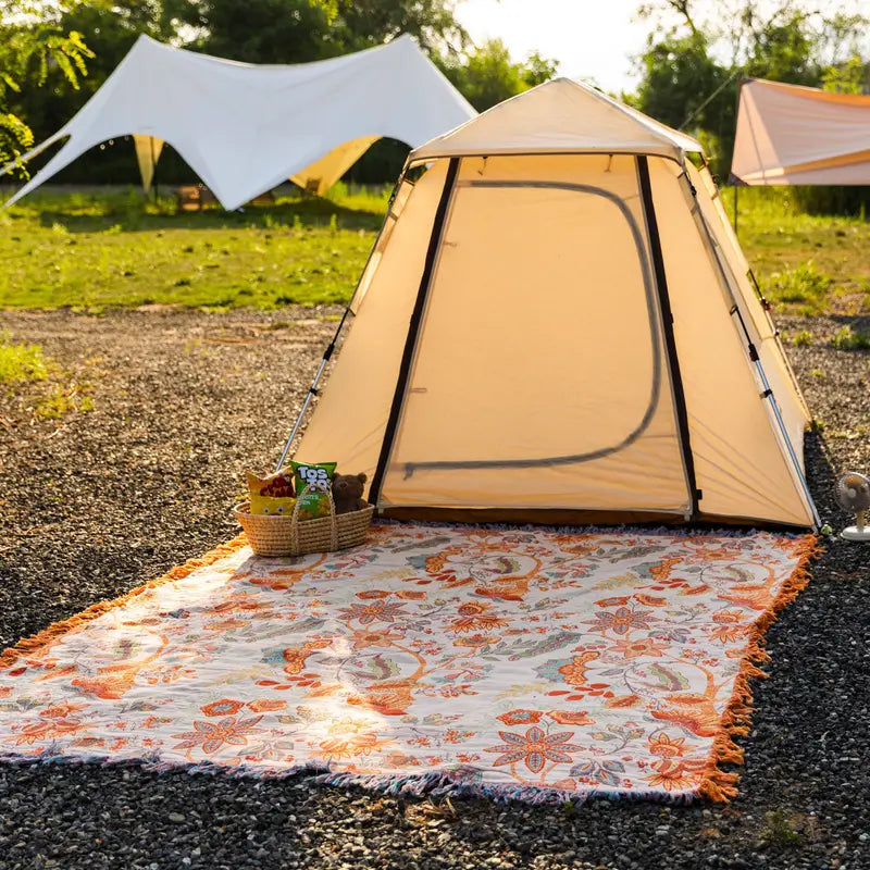 Colverro™ Boho Floral Cotton Throw Blanket with Fringe, Cream and Orange