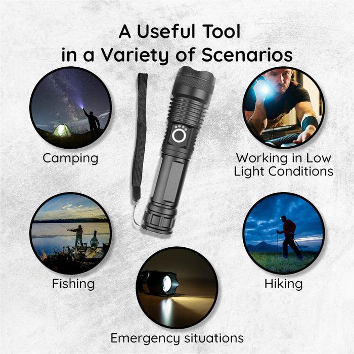 Colverro™ Rechargeable LED Flashlight with Zoom, Waterproof Aluminum Body